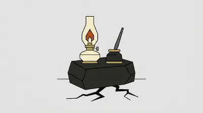 A lit oil lamp and an inkwell with a pen sit on a dark stone block above a cracked surface.