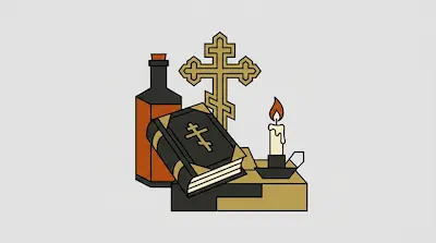 An Orthodox cross, a book with a cross on the cover, a bottle, and a lit candle.