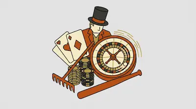 A man in a top hat stands behind playing cards, stacks of poker chips, a spinning roulette wheel, a rake, and a bat.