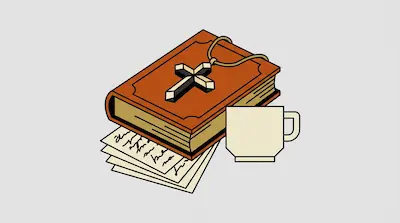 A brown book with a cross necklace on top sits on a stack of papers next to a white mug.