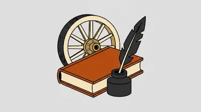 A wooden wagon wheel behind a brown book, with a black inkwell and quill pen in the foreground.