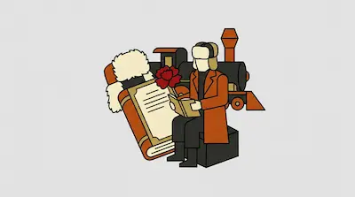 A person in winter clothing sits reading a book in front of a large book, a red flower, and a steam locomotive.
