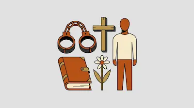 Handcuffs, a wooden cross, a person, a book, and a flower are arranged together in a simple graphic.