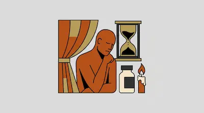 A person rests their head on their hand next to an hourglass, a bottle, and a lit candle.