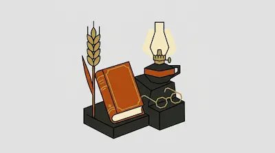 A stalk of wheat, a brown book, an oil lamp, and a pair of glasses resting on dark blocks.