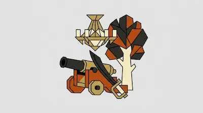 A geometric chandelier, a tree with orange and black leaves, a cannon, and a sword are arranged in a cluster.