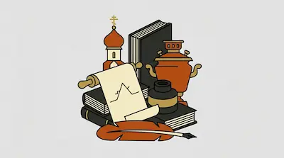 A collection of objects including a church dome, a samovar, books, a scroll, and a quill pen.