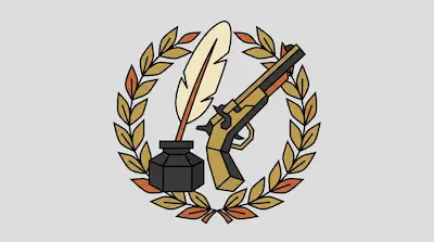 A quill pen in an inkwell and a flintlock pistol framed by a laurel wreath.