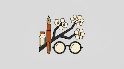 A fountain pen, an ink bottle, round glasses, and a flowering branch.