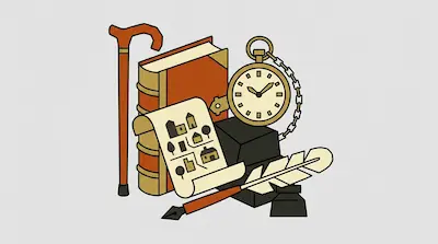 A collection of items including a walking cane, a large book, a pocket watch, a scroll with a map, and a quill pen with an inkwell.