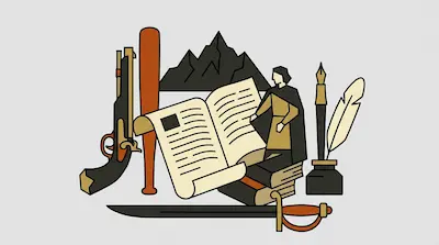 A collection of items including a flintlock pistol, a baseball bat, mountains, an open book, a small cloaked figure, an inkwell with pens, and a sword.