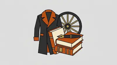A long black coat with orange lapels stands beside a stack of books, a fountain pen, and a wooden wagon wheel.