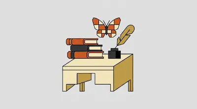 A stack of books and an inkwell with a quill sit on a desk, with a checkered butterfly hovering above.