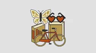 A butterfly, heart-shaped sunglasses, two books, and a bicycle are grouped together.