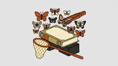 A butterfly net and a large book are surrounded by several butterflies, with one butterfly being held by a pair of tweezers.