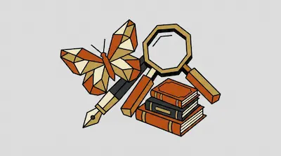 A geometric butterfly, a fountain pen, a magnifying glass, and a stack of books in shades of orange and gold.
