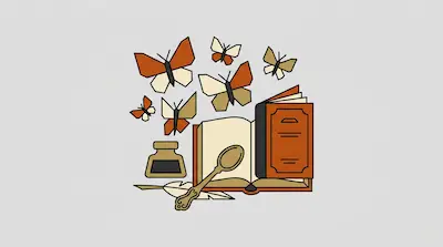 Geometric butterflies fly above an open book, an inkwell, a quill, and a spoon.