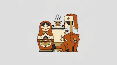 Flat illustration of a matryoshka doll, a steaming samovar, a brown bear, and a ushanka hat on a gray background