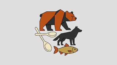 Flat illustration of a brown bear, a black wolf, a fish, and two wooden spoons on a light gray background