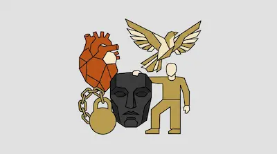 Flat illustration of a geometric heart, a bird in flight, a black mask, and a human figure on a light gray background