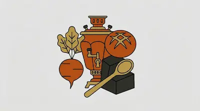 Flat illustration of a traditional samovar, a beet, a loaf of bread, and a wooden spoon on a light gray background