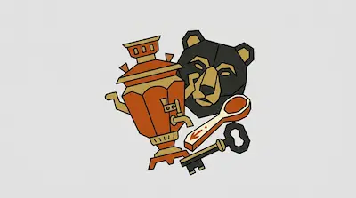 Flat illustration of a bear head, a traditional samovar, a wooden spoon, and a key on a light gray background