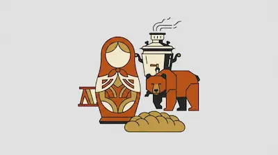 Flat illustration of a matryoshka doll, a steaming samovar, and a brown bear on a light gray background