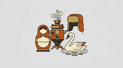 Flat illustration of a matryoshka doll, a steaming samovar, a fur ushanka hat, and a swan on a light gray background