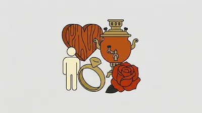 Flat illustration of a wooden heart, a samovar, a ring, and a red rose on a light grey background