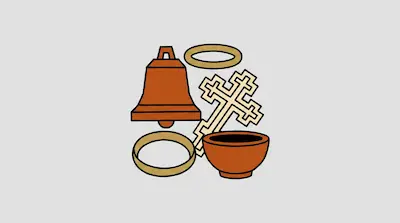 Flat illustration of a bronze bell, a geometric cross, and a small bowl on a light gray background
