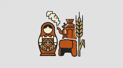 Flat illustration of a matryoshka doll, a steaming samovar, an ushanka hat, and a wheat stalk on a gray background