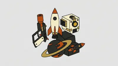 A collection of space-themed icons including a rocket, a ray gun, a ringed planet, and a camera.