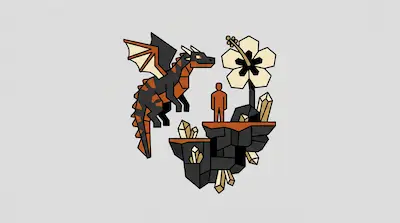 A stylized black and orange dragon hovers near a person standing on a floating rock island with a large flower and crystals.