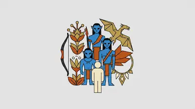 Three blue humanoid figures and one beige figure are surrounded by a bow, spear, stylized plants, and a winged creature.
