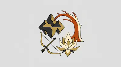 A geometric emblem featuring a mountain range, a leafless tree, a bow and arrow, and a lotus flower.