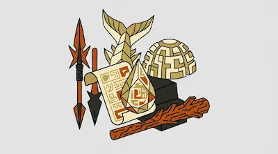A collection of stylized objects including a spear, a scroll, a crystal, a fish tail, a patterned dome, and a wooden club.