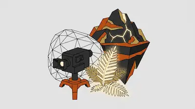 A video camera on a tripod stands in front of a wireframe dome, a glowing fern, and a stylized, layered mountain.