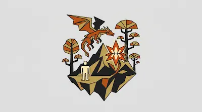 A geometric orange dragon flies over a mountain landscape featuring a large flower and a human figure.