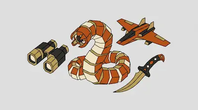 Stylized geometric illustrations of binoculars, a segmented worm, a fighter jet, and a curved knife in orange and tan.