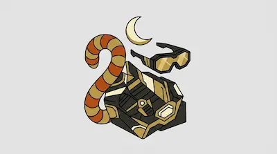 A striped tail, a crescent moon, sunglasses, and a mechanical helmet are arranged together.
