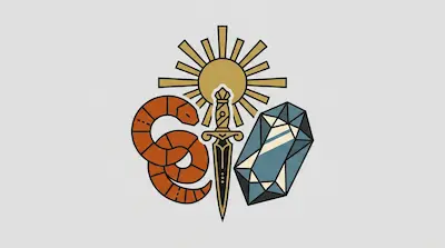 A central dagger and sun emblem flanked by a coiled orange snake and a faceted blue crystal.