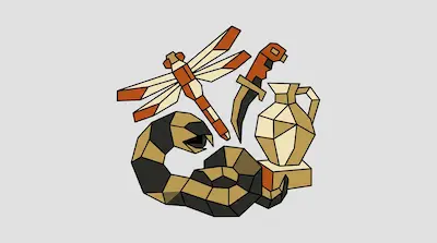 A geometric arrangement of a dragonfly, a curved knife, a coiled snake, and a vase in shades of orange, tan, and black.