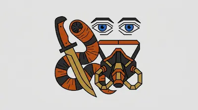 A graphic arrangement of a curved knife, a segmented orange and black worm, a pair of blue eyes, and a mechanical mask.