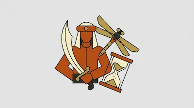 A stylized figure in orange holding a curved sword, accompanied by a dragonfly and an hourglass.