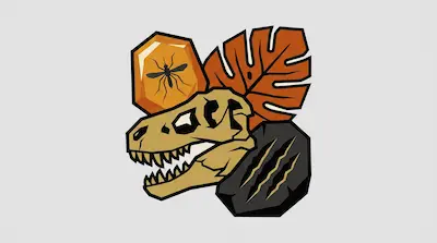 A tan dinosaur skull surrounded by a mosquito in amber, an orange tropical leaf, and a dark rock with claw marks.