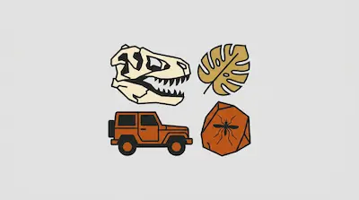 Four stylized icons featuring a dinosaur skull, a tropical leaf, an orange off-road vehicle, and a mosquito trapped in amber.