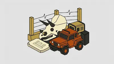 An orange off-road vehicle parked next to a large Triceratops skull, a generator, and a blueprint in front of an electric fence.