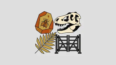 Four stylized icons arranged in a square: a mosquito trapped in amber, a dinosaur skull, a fern leaf, and a metal gate.