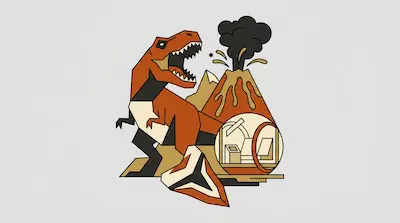 A stylized orange T-Rex stands beside an erupting volcano and a futuristic spherical pod.