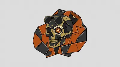 A geometric skull wearing aviator sunglasses and a mechanical eye, framed by an orange and black jacket.
